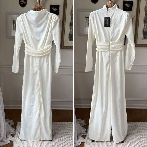 NWT PrettyLittleThing Ivory Satin High Neck Jumpsuit 6 - Picture 1 of 8